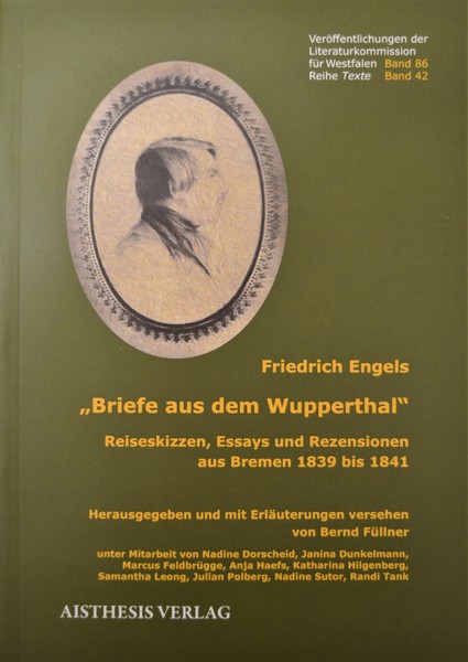 Buchcover. gezeichnetes Profil von Friedrich Engels in ovalem Rahmen auf grünem Hintergrund.