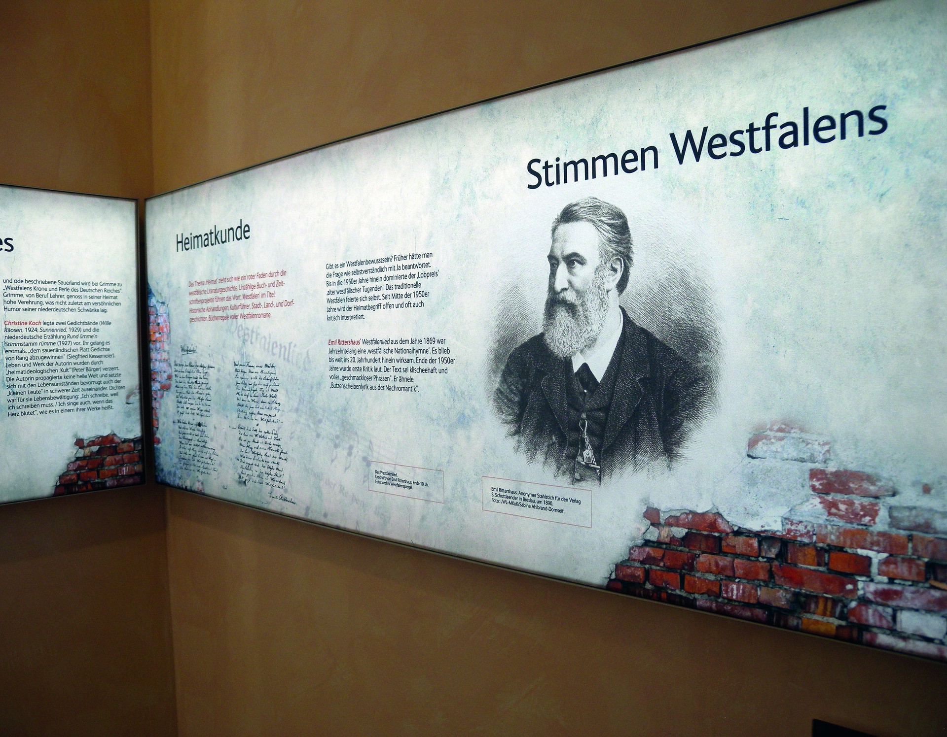 Infomationsgrafik zum Westfalenlied mit Porträt von Emil Rittershaus und Handschrift