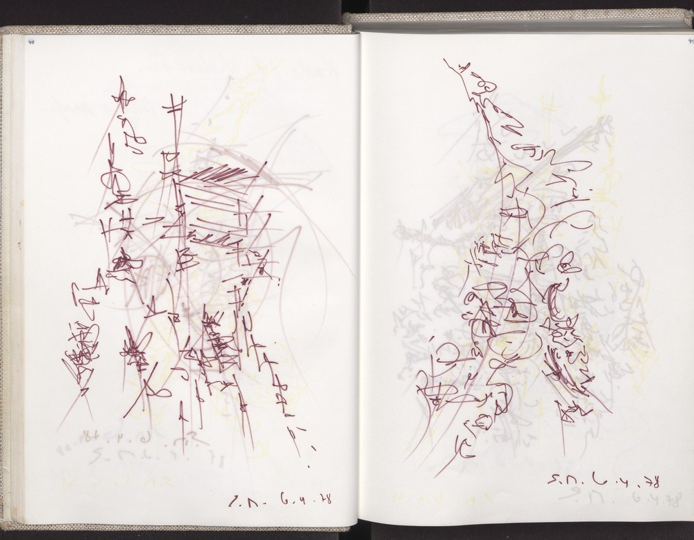 Aufgeschlagenes Skizzenbuch aus dem Ernst Meister Nachlass, auf jeder Seite eine dynamische, abstrakte Skizze